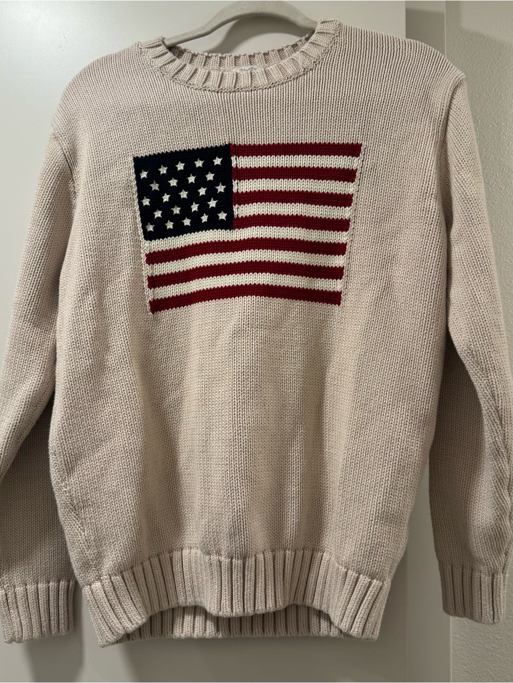 John Galt Cream Crewneck Sweater with American Flag- OS